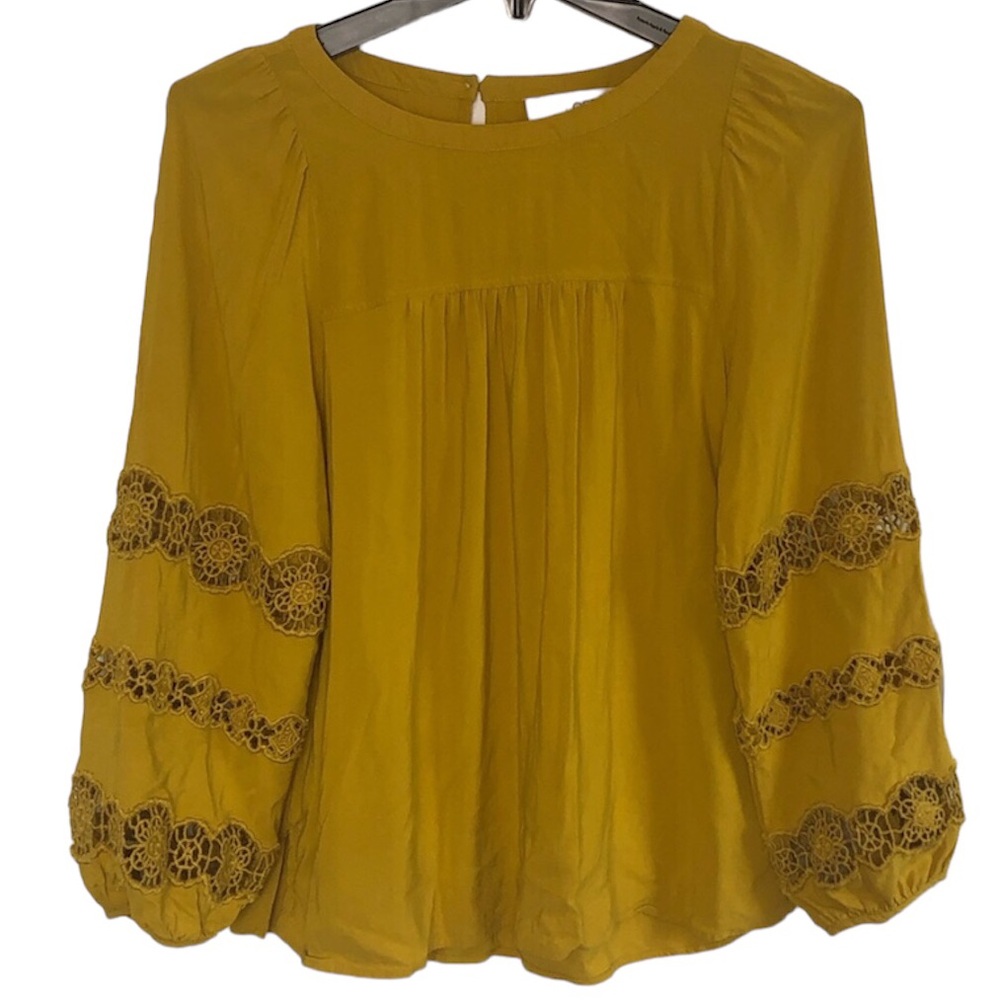LOFT | Mustard Yellow Flowy Boho Balloon Sleeve Lace Inlay Blouse Top Shirt